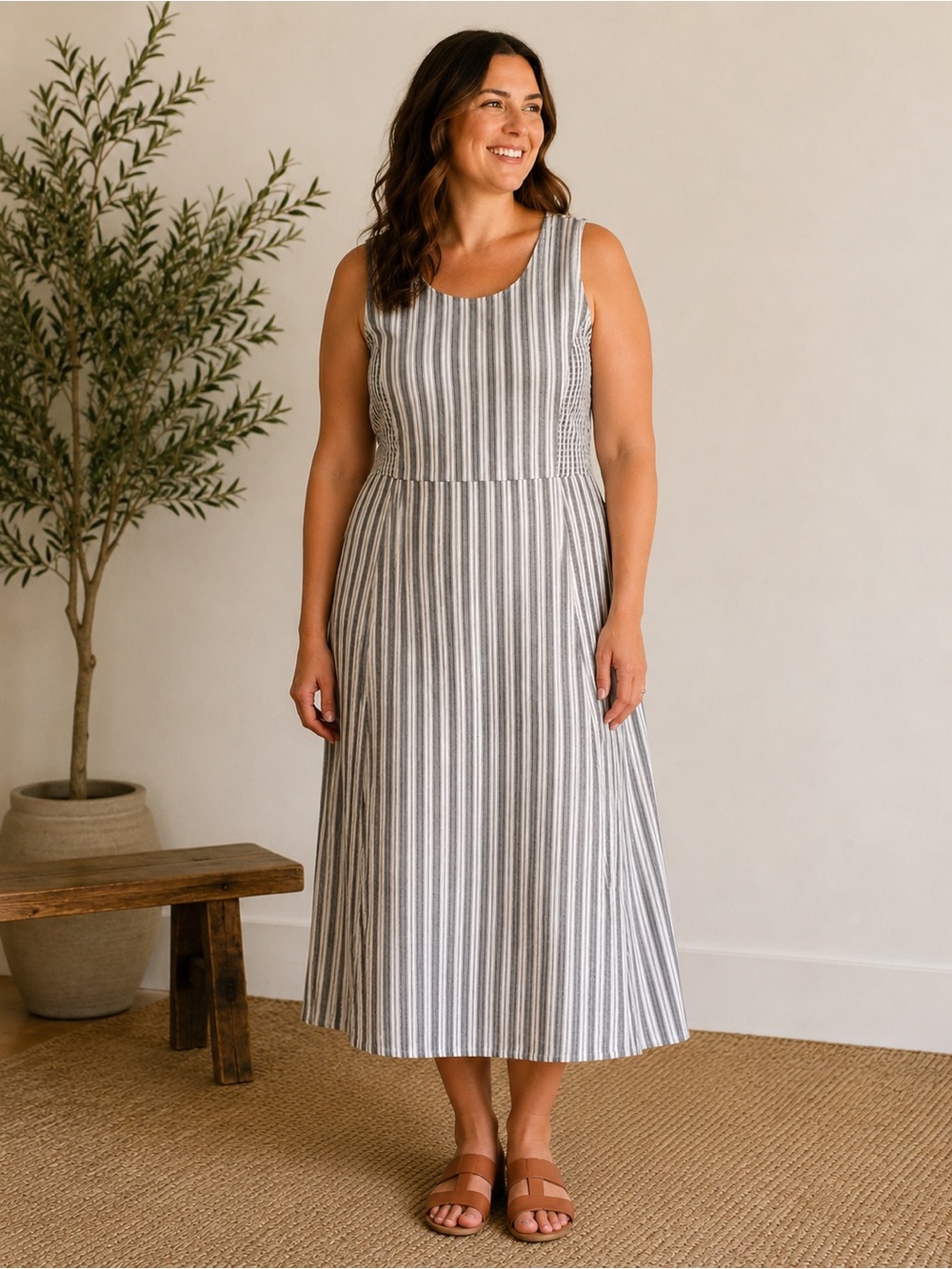 Sleeveless Linen Striped Midi Dress in Gray and White NWT